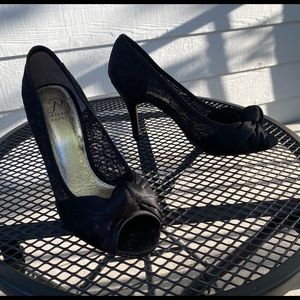 Adrianna Papell Black and Gold Peep Toe Heels